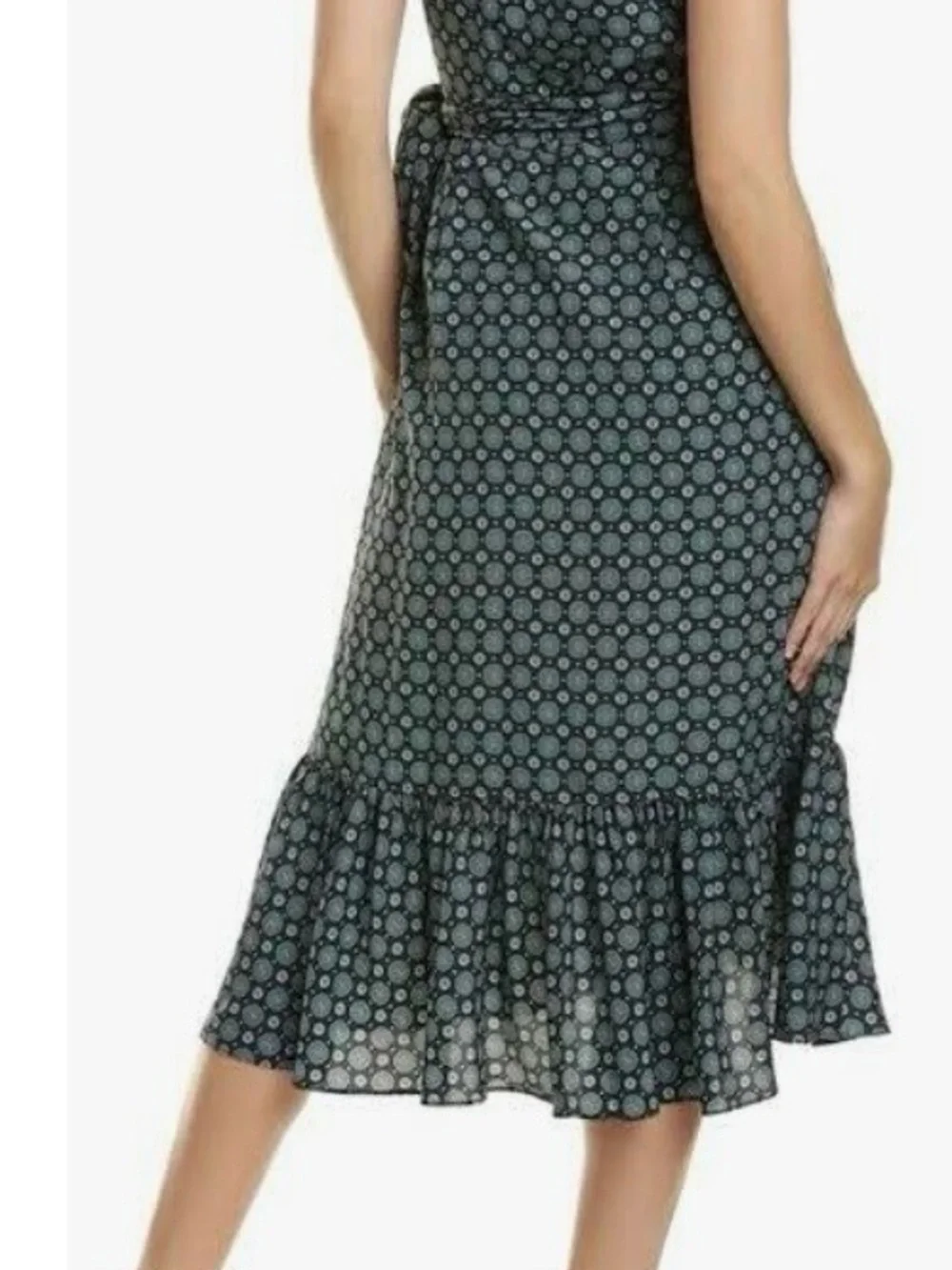 Tory Burch Ruffle Wrap Dress Black Medallion Maxi Dress with Teal Circular Print